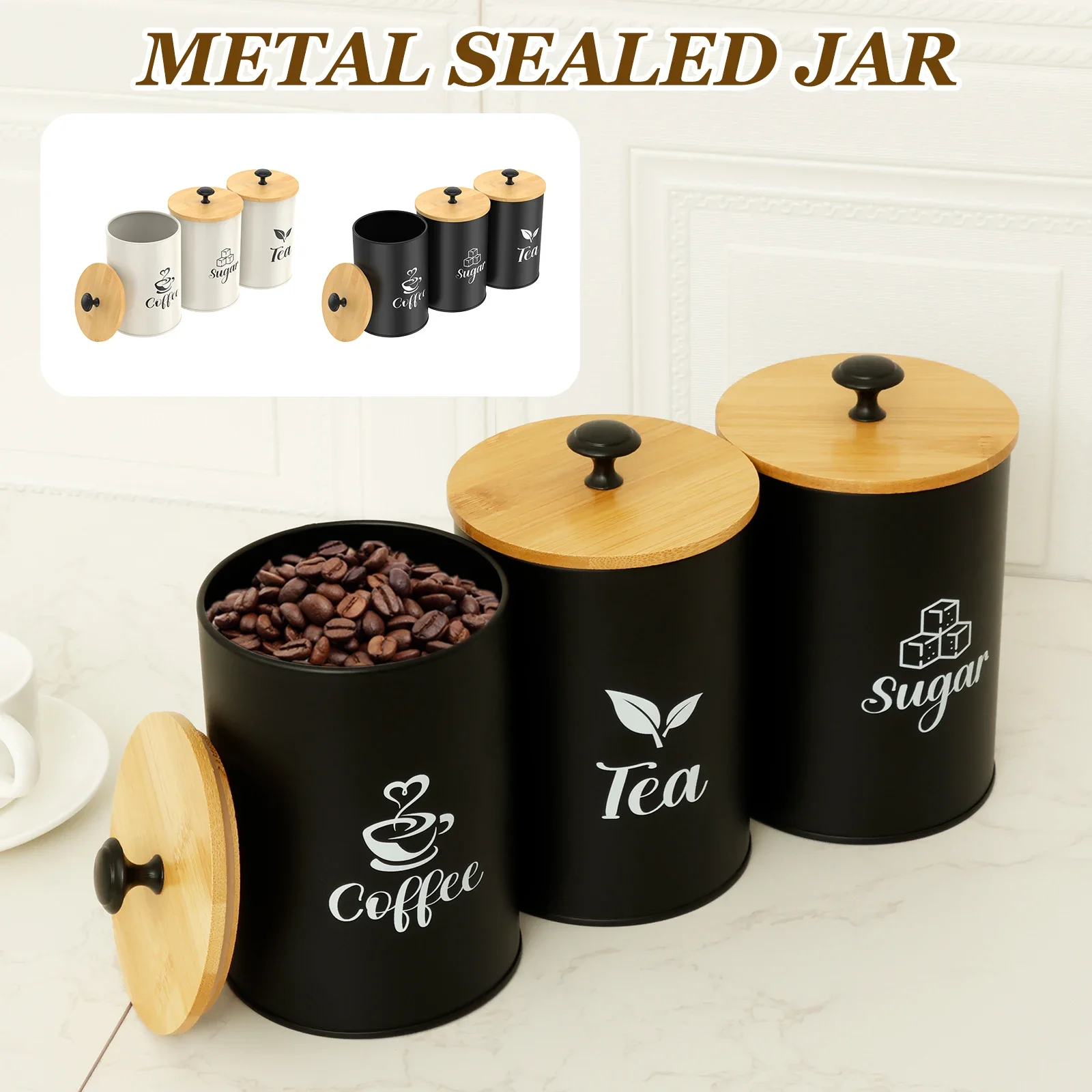 

3Pcs Coffee Bean Storage Jar Metal Canister Set With Airtight Bamboo Lid Airtight Tea Coffee Containers Jar for Counter Kitchen
