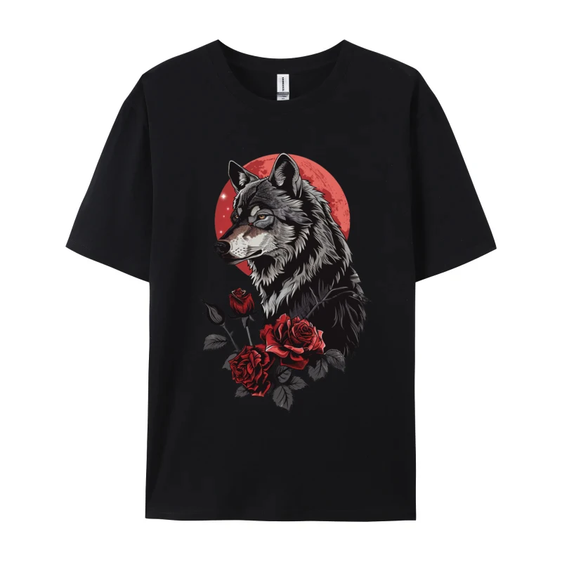 Wolf Holding Rose Anime T-shirt Vintage T-shirt Cotton Crew Neck Tops Tees New Arrival T-shirts Simple Casual