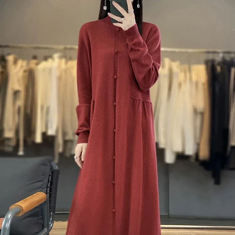 Women\'s Cashmere Sweater Skirt Set High-Neck Long Over-the-Knee Coat Combo for Winter Fashion