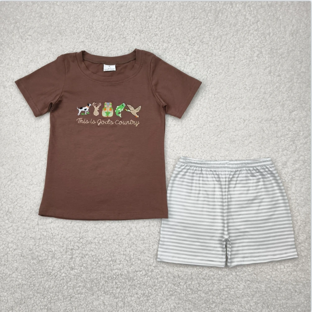 

Hot Sale Shorts Sets Summer Boutique Embroidery Baby Boys Brown Short Sleeves Gods Country Shirt Stripe Shorts Boys Clothes Sets