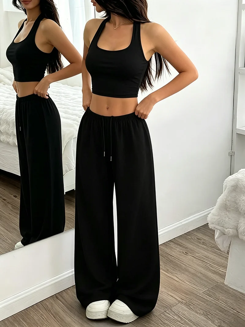 Women's Casual Comfortable Solid Color Vest Top And Wide Leg Pants Set Square Neck Hanging Neck Elastic Waist Strap Outfit view 6
