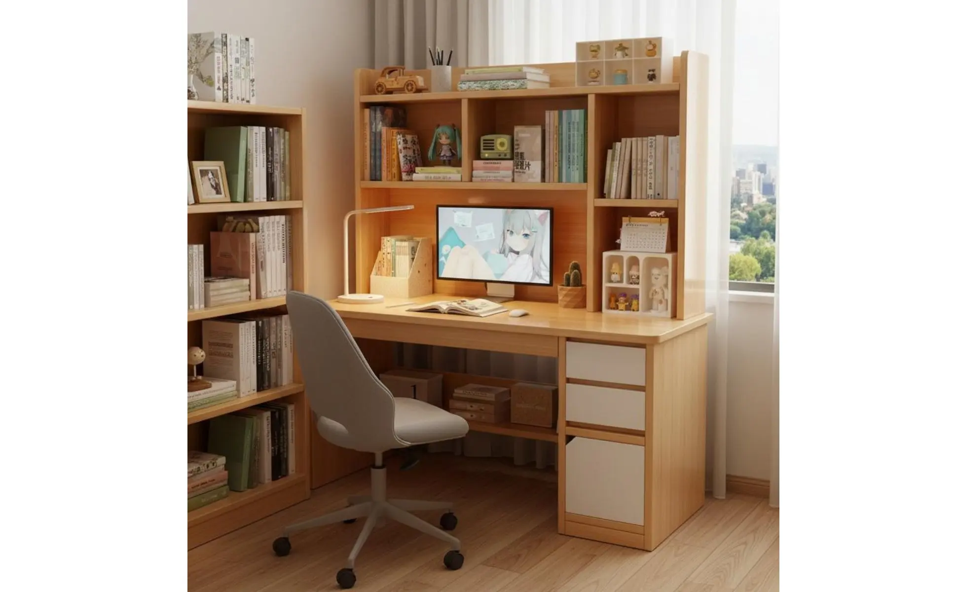 Computer Desk with Shelving Unit Multi-Functional Study Desk with Shelving Unit Home Furniture Space Saving Wide Desktop