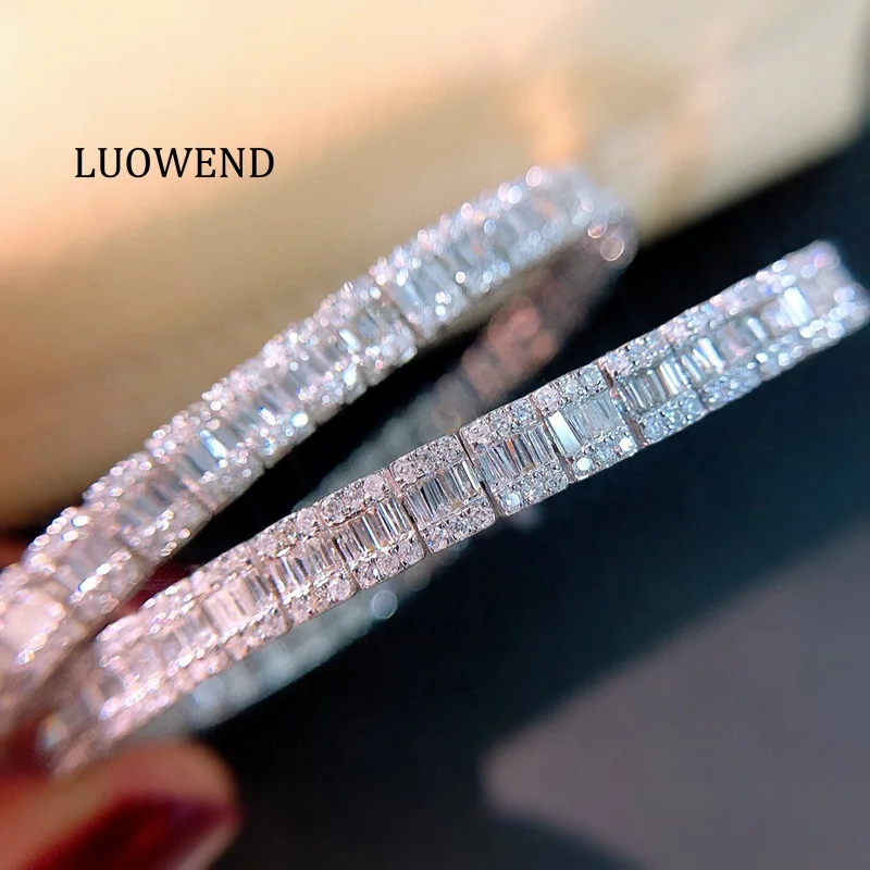 LUOWEND 100% 18K ホワイトゴールドブレスレット高級光沢のあるデザイン 3.65 カラット本物の天然ダイヤモンドブレスレット女性用ハイウェディングジュエリー 1