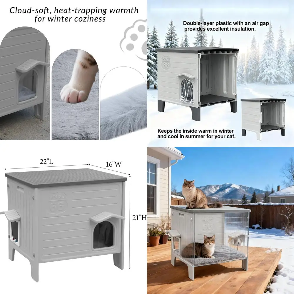 

Grey Insulated Outdoor Cat Shelter with Mat, Elevated Plastic House for Feral Cats, Easy Assembly, 22L x 21W x 16H