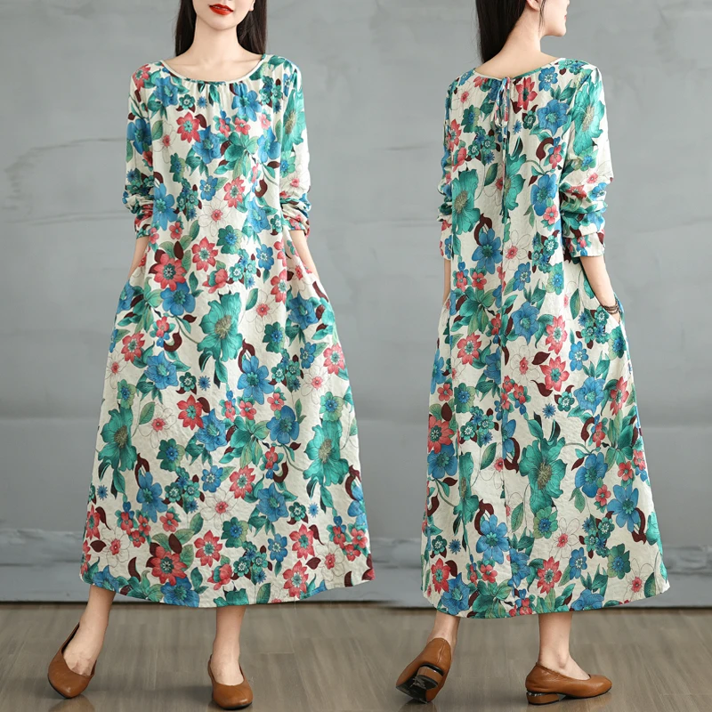 

V-Neck Short Sleeve Cotton Linen Print Dress Retro Anti-Aging Spring Autumn New Style Overhead round Neck Midi Skirt for plus...