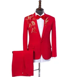 Men's Applique Blazers Pants Set Fashion Groom Wedding Banquet Suit Stage Performance Chorus Singer Host Tuxedo Suits Costume