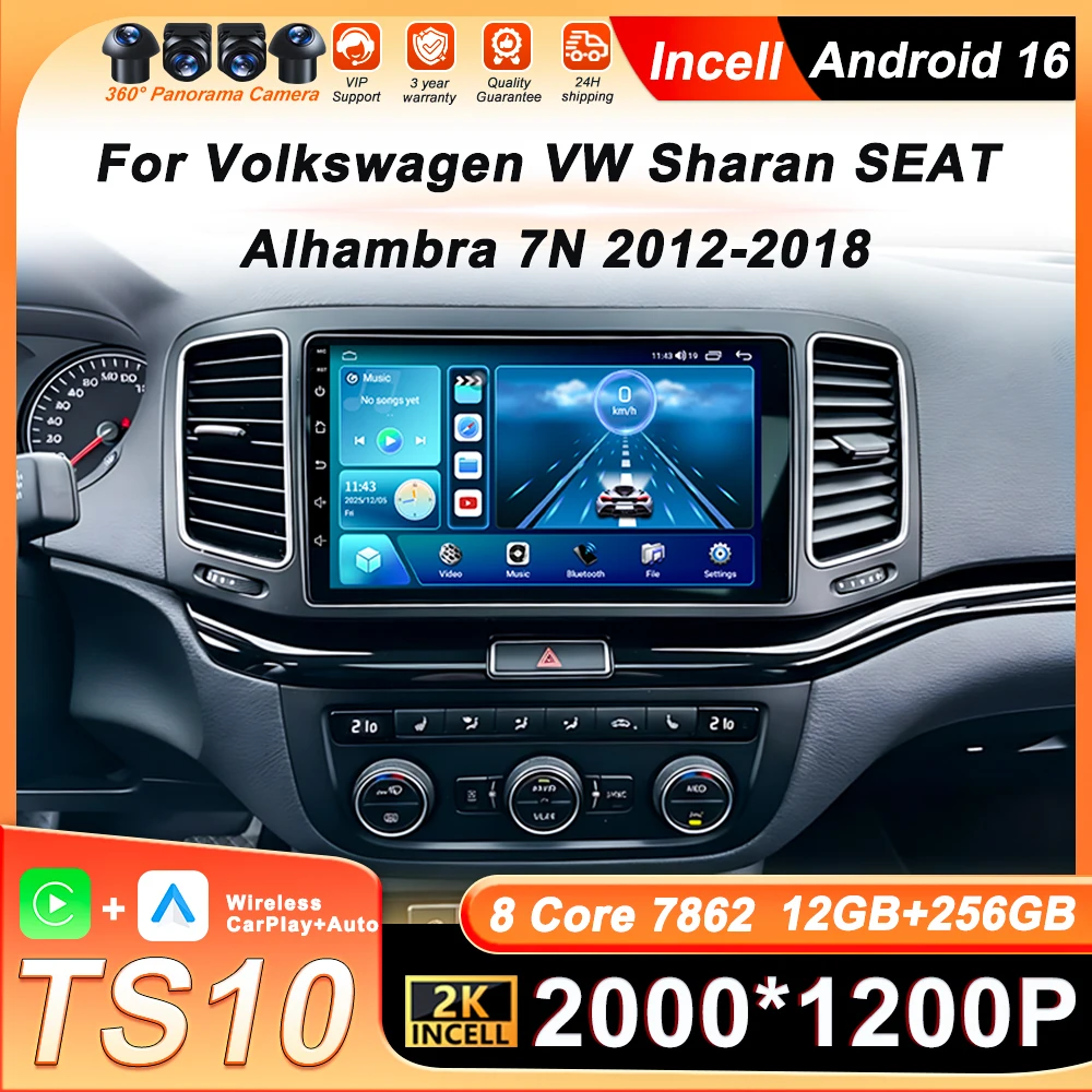 Android 16 Carplay Android Auto para Volkswagen VW Sharan SEAT Alhambra 7N 2012-2018 Reproductor de Radio para Auto GPS Estéreo Pantalla 2K 4G BT