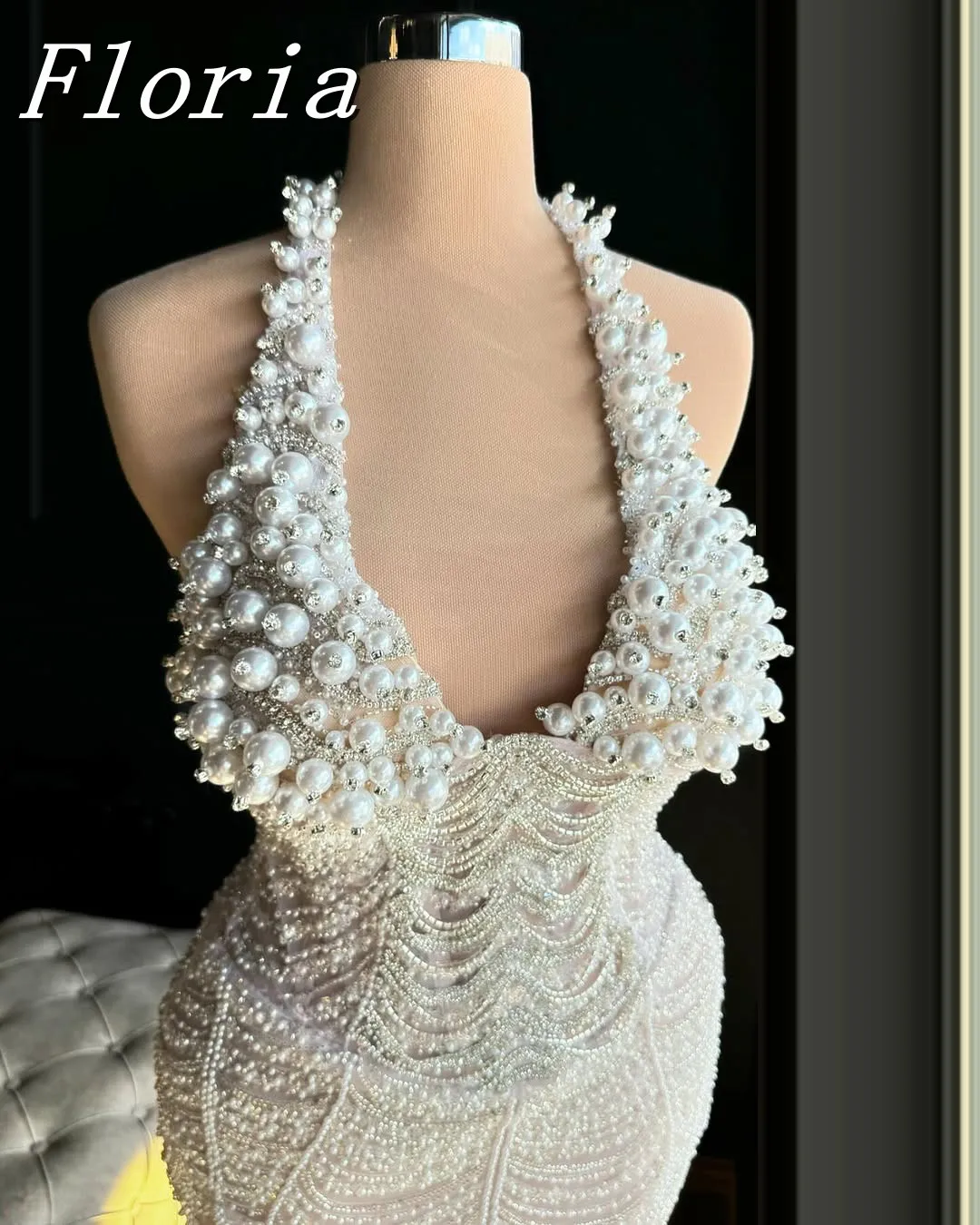 

Customized Sexy Pearls Beading Tassel Mermaid Evening Birthday Dress Halter Sleeveless Women Formal Dress Gowns