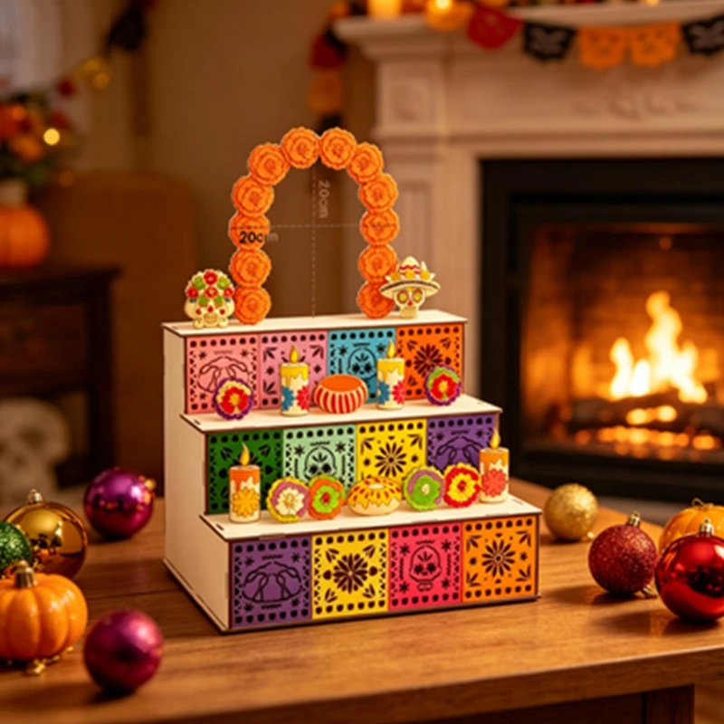 Halloween Day of the Dead Altar Wooden Skull and Candle Decoration Memorial Ofrenda Centerpiece for Home
