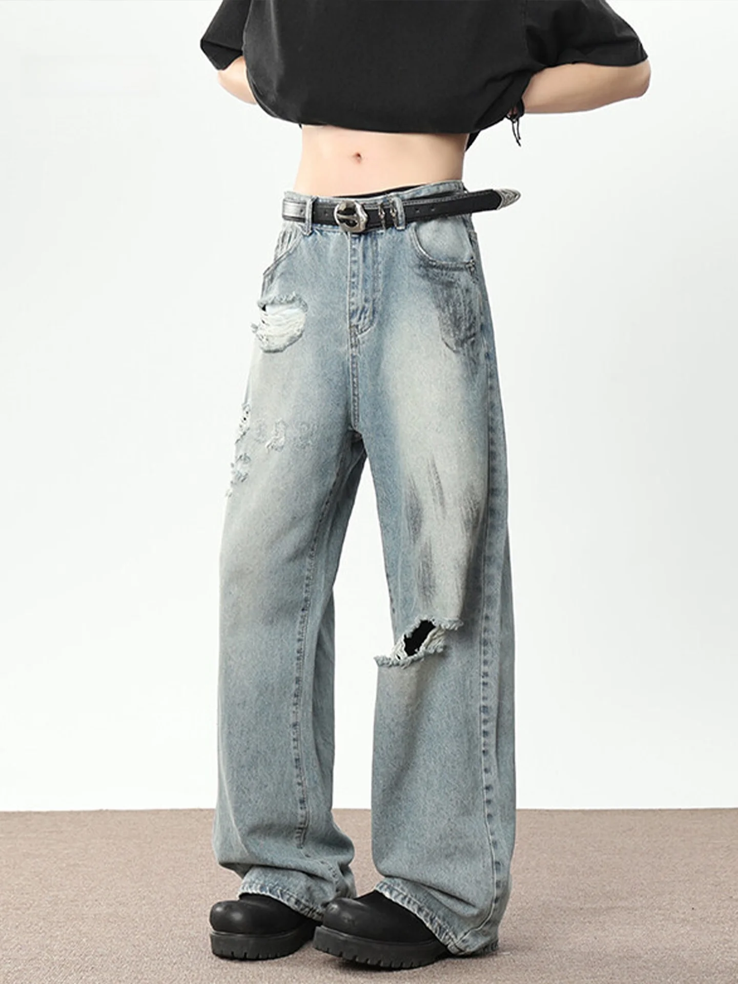 

Wmnm American Sle Dyed Hole Jeans Men Summer Thin Waed Vintage Cleanfit Straight Leg Long Pants Faion Urban Casual Jeans