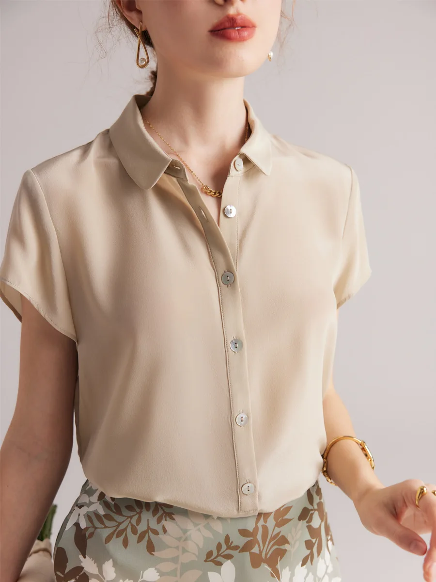 Birdtree 100% Silk Shirts Women Turn Down Collar Solid Tops Short Sleeve OL Workwear Office Blouses Summer T36526JM