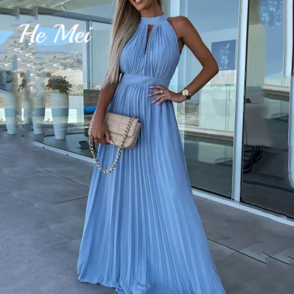 

Simple Halter Elegant Prom Dress A Line Floor Length Pleats Evening Gown Backless Party Dress Bright New Vestidos De Novia
