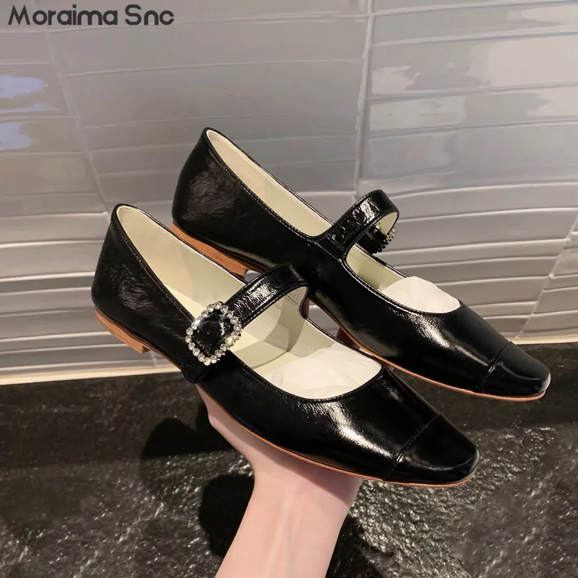 Diamond Square Buckle Mary Jane Shoes Square Toe Textured Strap Thick Medium Heel Flat Shoes Temperament Casual Women's Shoes