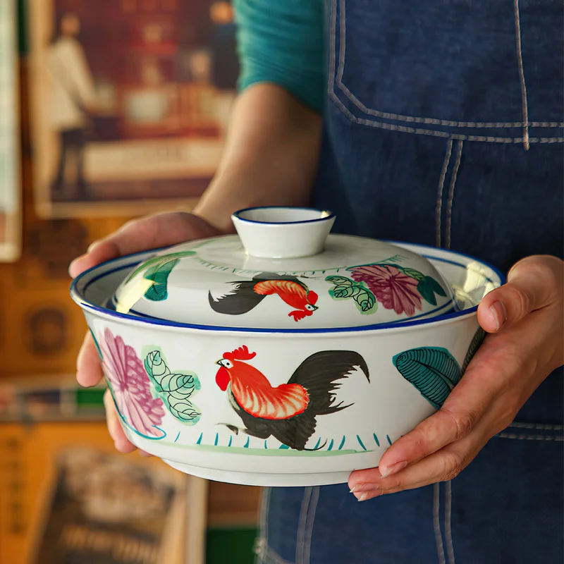 

Ceramic Rice Bowl with Lid Korean Retro Household Rooster Soup Pot Hotel Porcelain Tableware Stewed Soup Bowl Kitchen Supplies