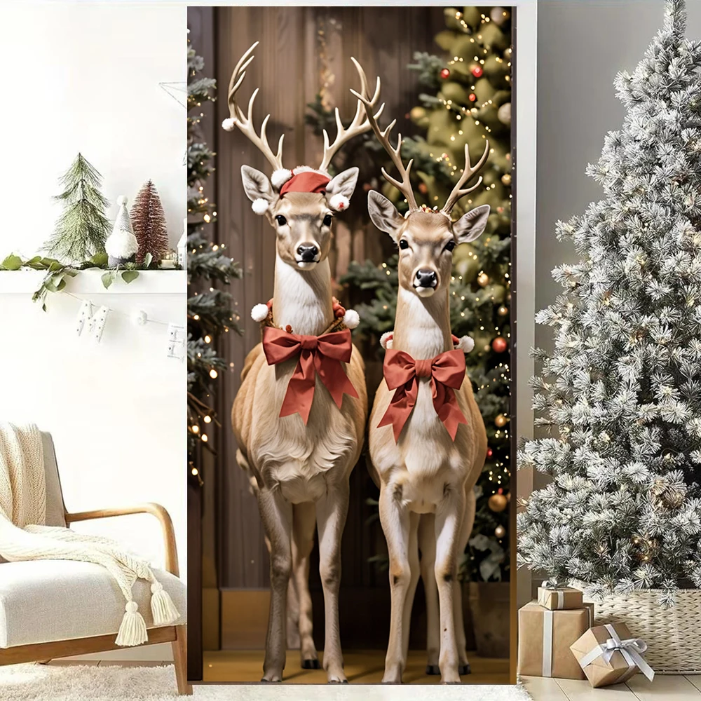 Christmas Reindeer Door Backdrop Banner Santa Hat Elk Designs Hanging Outdoor Decorations Props Christmas Door Cover 185x90cm