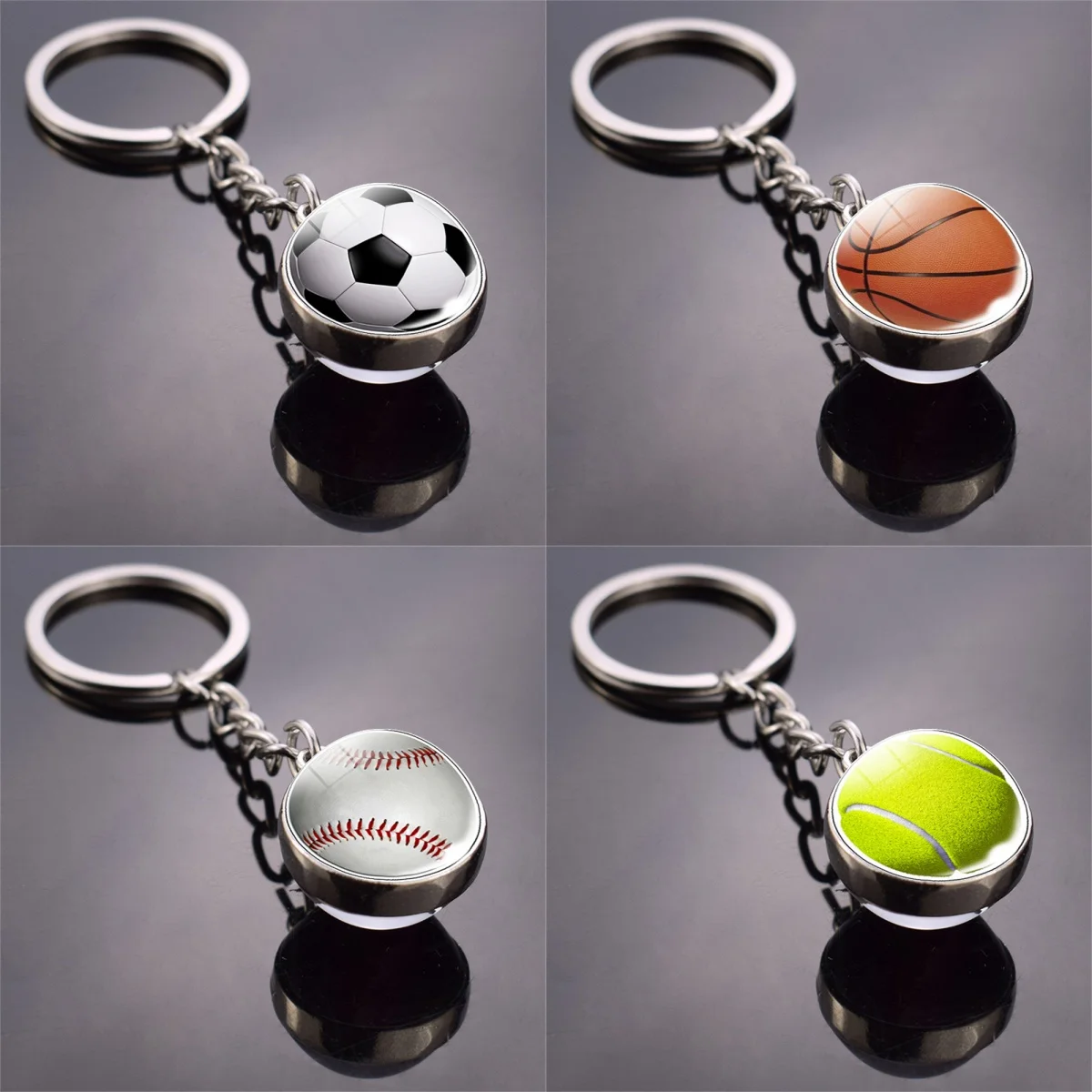 Fashion Basketball Keychain Double-Sided Glass Football Tennis Volleyball Rugby Keyring Sport Pendant for Men Key Holder Gift