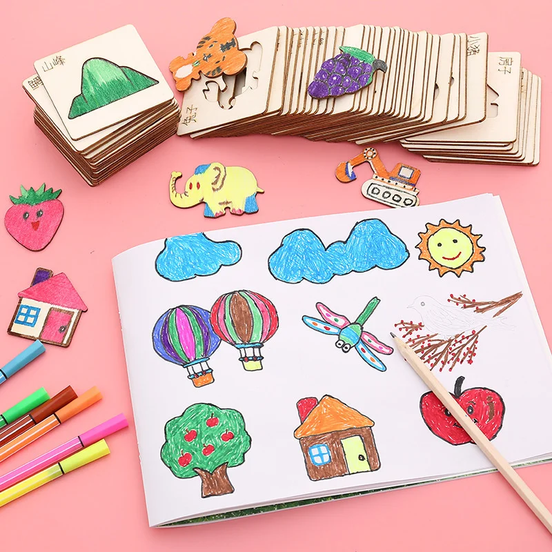 Kids Montessori Drawing Toys Wooden DIY Painting Stencils Template Craft Toys Puzzle Educational Toys For Children Gifts