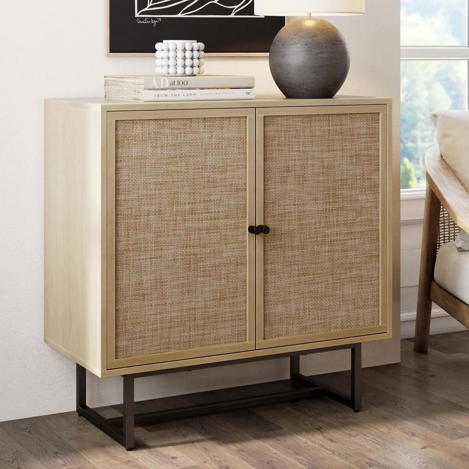 Sideboard Storage Cabinet in Light Wood and Rattan with Metal Frame, Adjustable Shelves and Cane Doors,