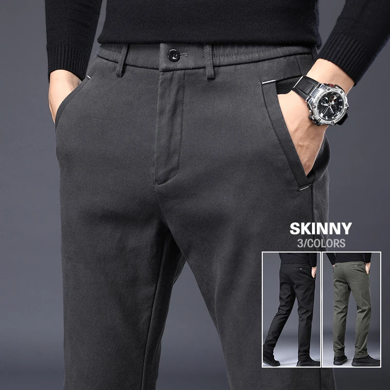

Men's Slim Suit Casual Pants Thick Fashion Embroidered Pocket Trousers Business Baggy Office Comfortable Elastic Pants Male