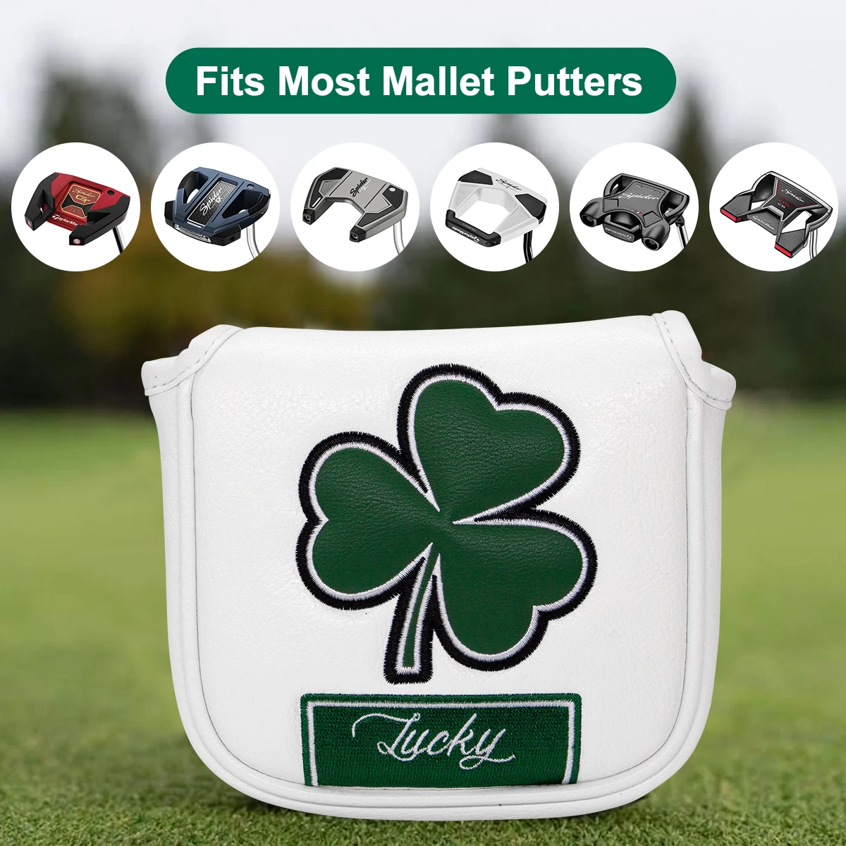 Lucky Golf Mallet Putter Cover, Classical Golf Putter Cover for Mallet Headcover with Magnetic Closure, Elegant Embroidery White