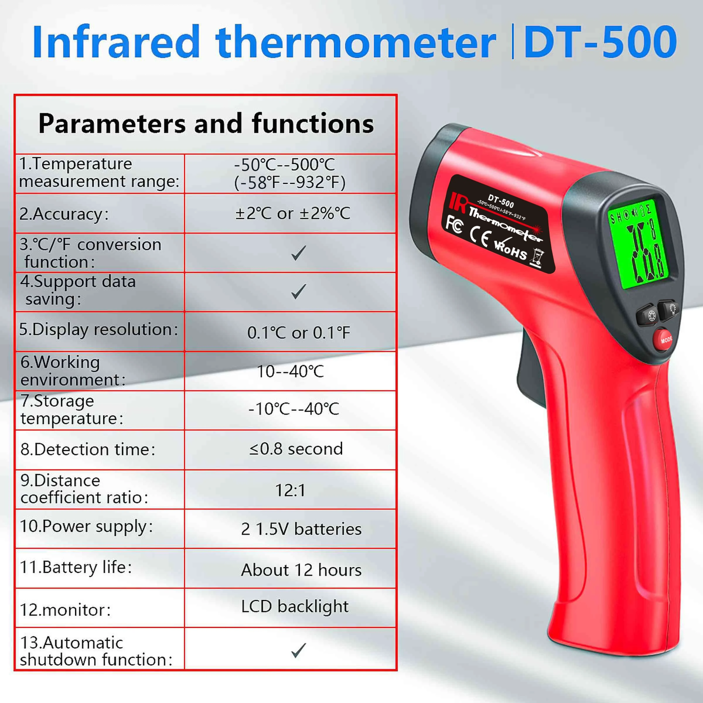 DT-500 LAOLAU pistolet termometr na podczerwień bezkontaktowy pistolet termiczny laserowy ręczny czujnik temperatury pomiaru pirometru cyfrowego 500