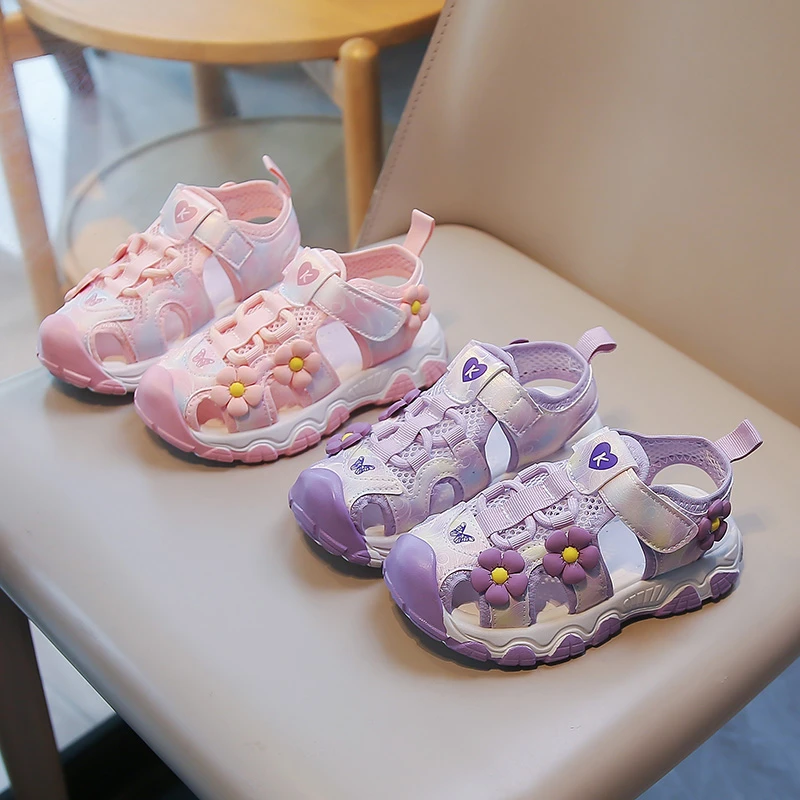 Girls' Flower Decor Closed-Toe Sandals, Breathable Mesh Adjustable Strap Shoes, Non-Slip Summer Casual Sandals for Toddler Kids