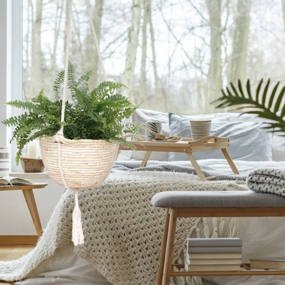 2PCS Corn husk rope Hanging Planter Basket Beige Dural Layer Woven Plant Pot Hanger Hand Woven Waterproof Plastic Liner