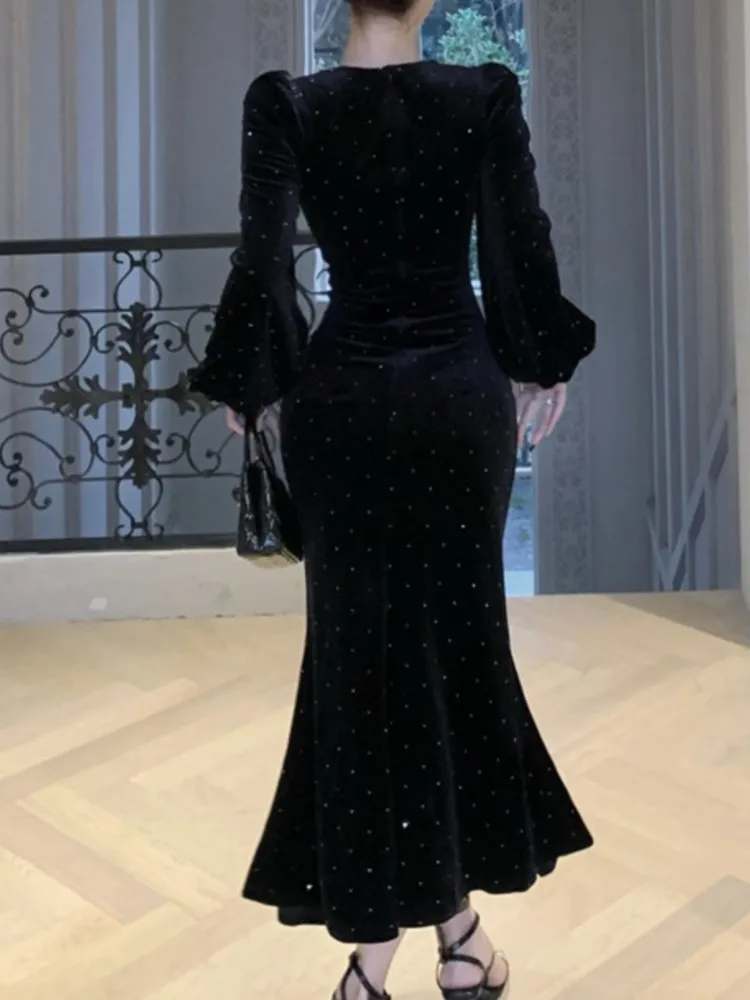 Winter New Women Fashion Elegant Velvet Black Mermaid Dress Vintage Slim Solid Lantern Sleeve Dresses Evening Party Female Robe