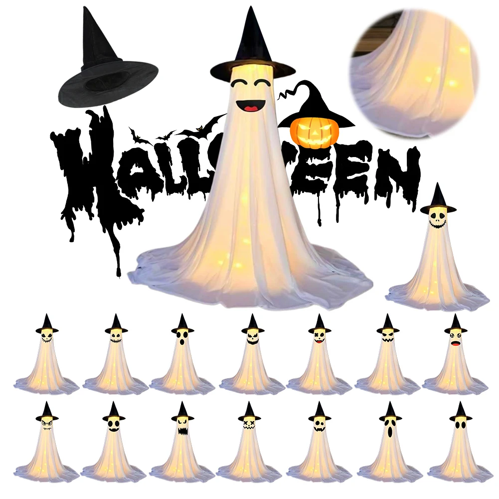 2Pcs LED Halloween Ghost Decorations Battery Powered Scary Ghost Figurine 8 Modes Standing Ghost Ornament for Table Room Kitchen