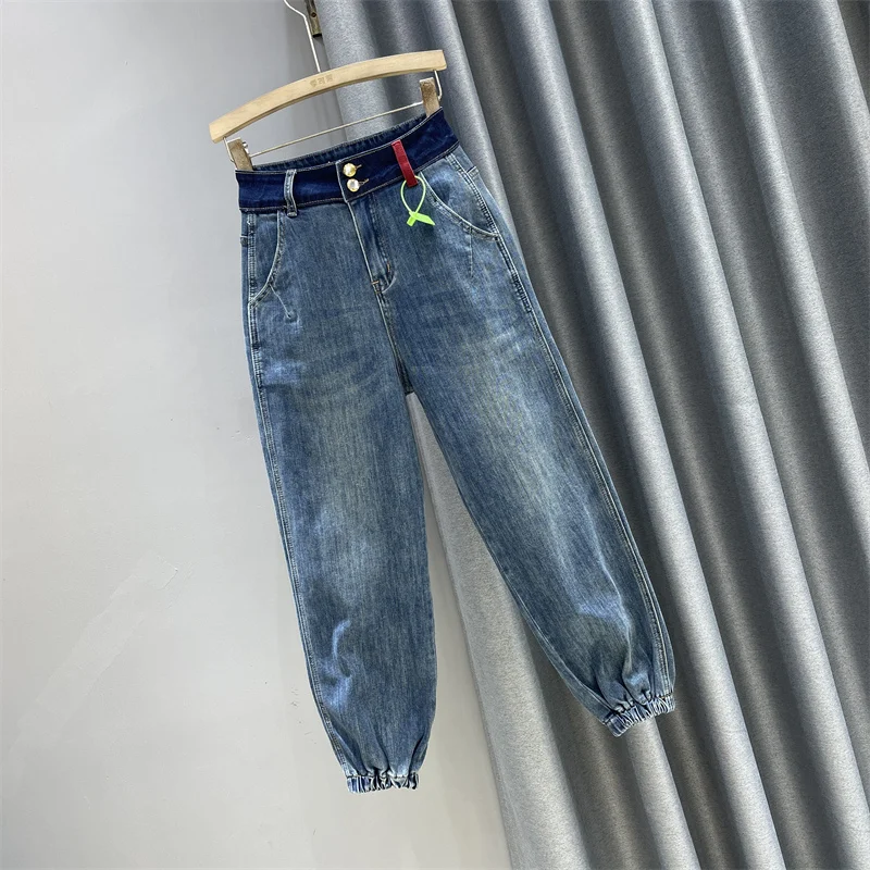 

American Style Vintage Women's Jeans 2025 Autumn High-Waisted Color Blocking Loose Slim casual lantern pants