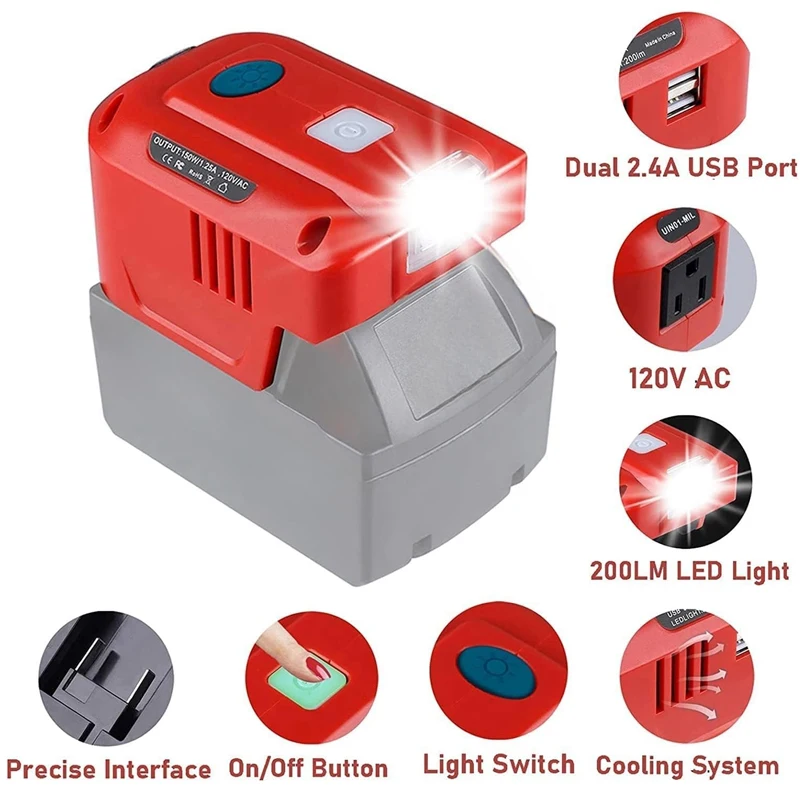 

HOT 150W Power Supply Inverter For Milwaukee 18V Battery with AC Outlet Dual USB and LED 18V DC to AC 110-120V Portable Inverter