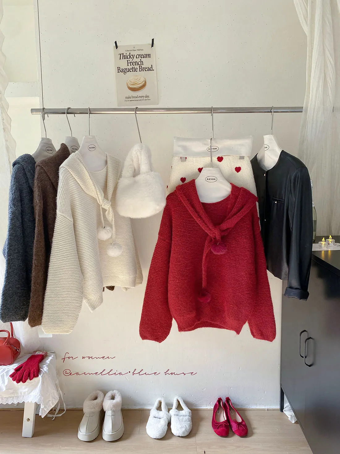 

Red Knitted Thickened Soft Cozy Women's Sweater Winter Loose round Neck Fuzzy Ball Shawl Comfortable Warm Top for Young Girls