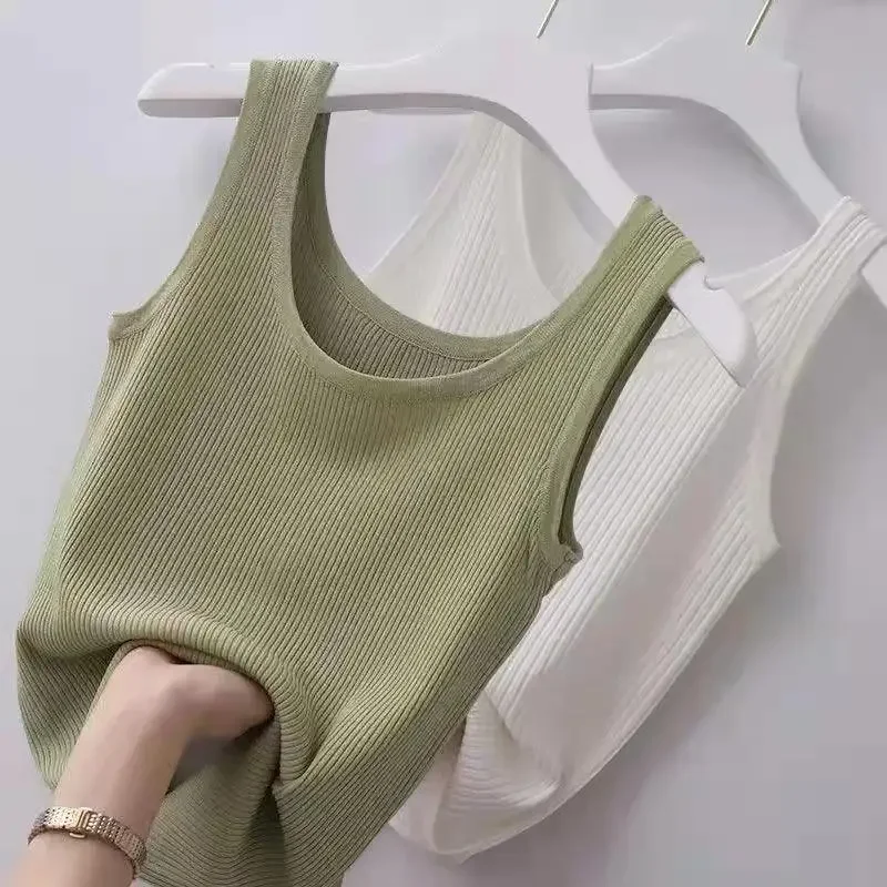 

2024 Summer Knit Vest Top Sexy Suspender Thread Waistcoat Women Sleeveless Camisole T-shirt Solid Slim Thin Basic Tank Tops 5XL