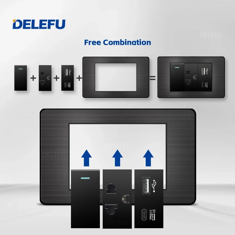 DELEFU Stainless Steel Black Panel Thai Switch Socket Computer USB Type C Wall Power Socket