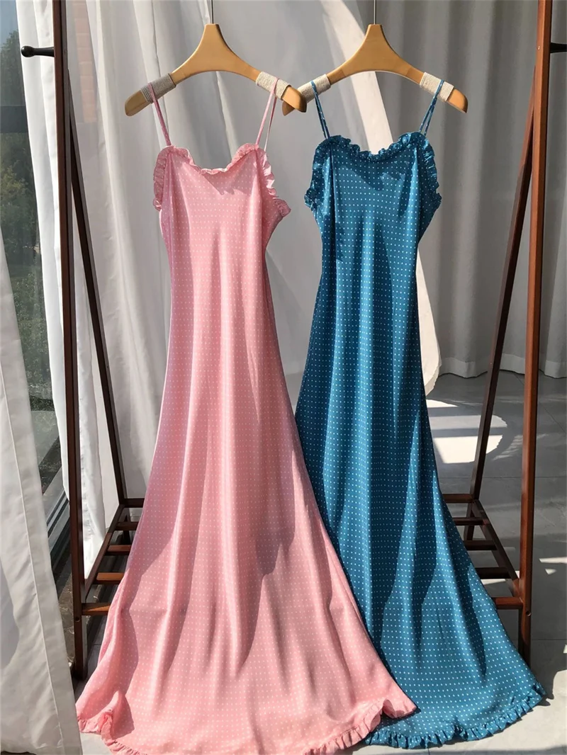 

Polka Dot Printed Ladies Slim Ruffle Trim Sweet Long Robe Summer 2024 New Women Sexy Sleeveless Sling Midi Dress