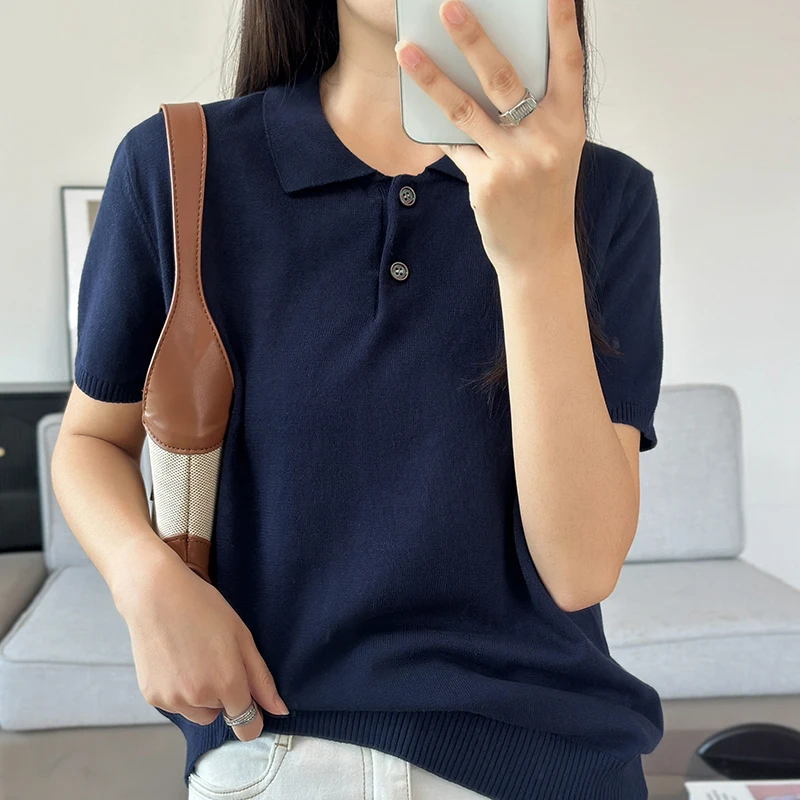 Summer 100% pure cotton women's T-shirt casual solid color knitted pullover sho… - Image 6