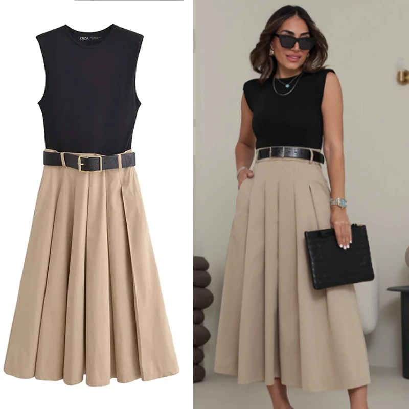 HXAO 2025 sukienki damskie bez rękawów Patchwork damskie eleganckie sukienki letni pasek długa sukienka damska plisowana sukienka Midi Tank