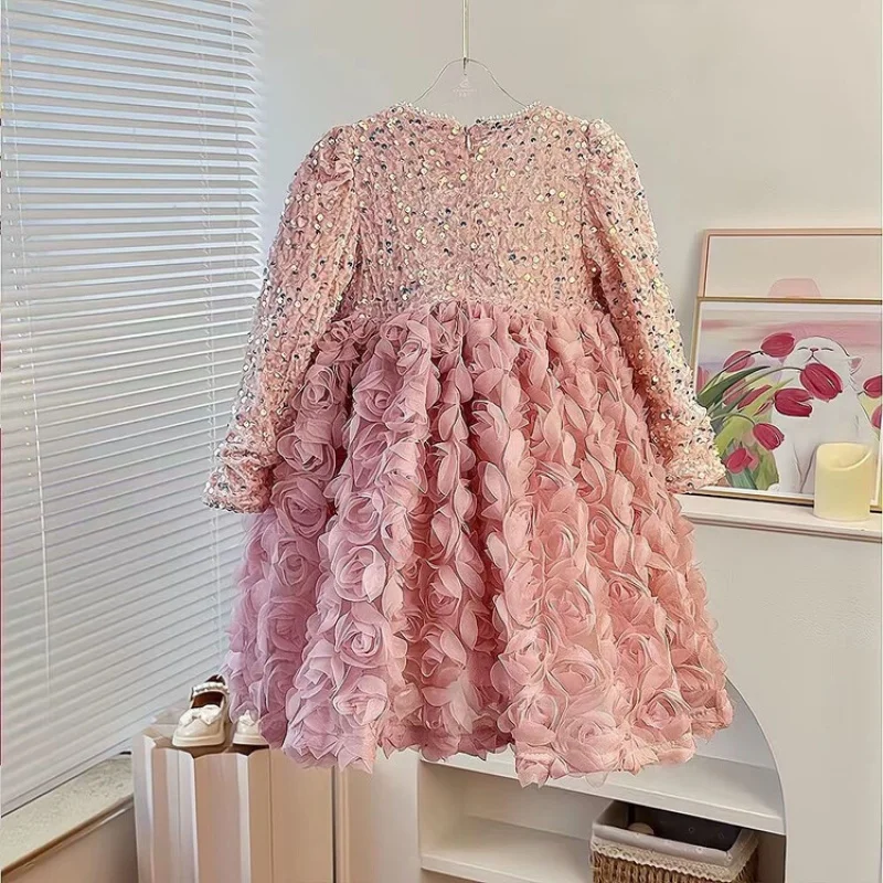 High-End Girls' Princess Dress Autumn and Winter 2025 New Girls' Birthday Performance Children's Fashionable Fleece-Lined Dress