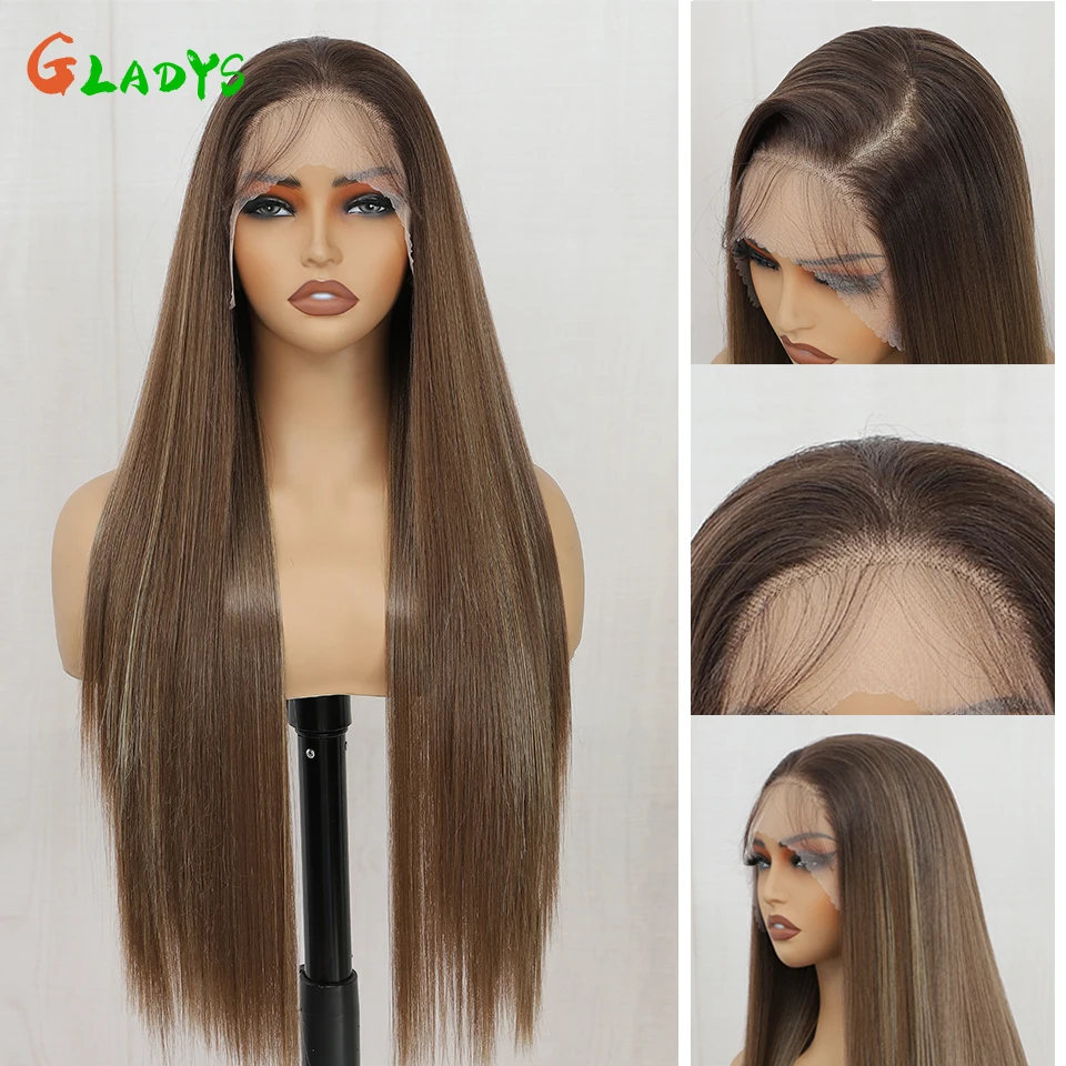 

13*4 Lace Frontal wig Silky Straight Heat Resistant Fiber Cosplay Wigs 30inch Synthetic Lace Front Wig For Women Brown