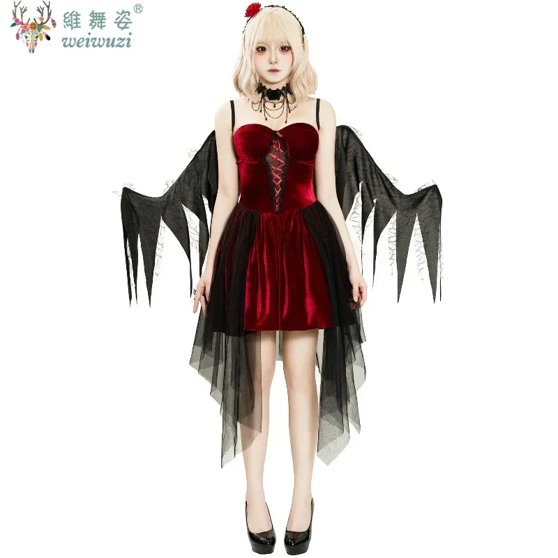 

Halloween Adult Female Red and Black Evil Angel Costume Gothic Witch Vampire Role-playing Costume with Wings and Suspender Skirt