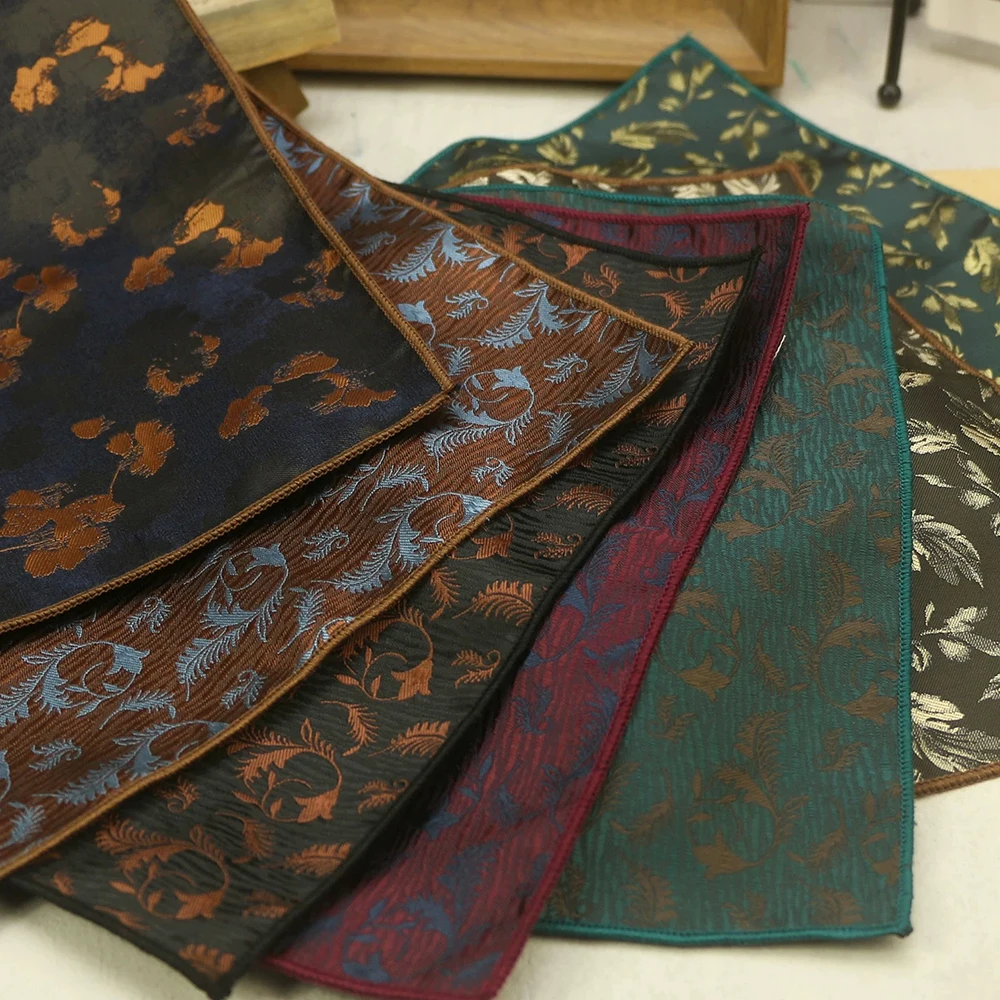 New Luxury Mens Pocket Square Brown Floral White Dots Handkerchief Men Women Wedding Party Groom Suit Cravat Hankies Accessories