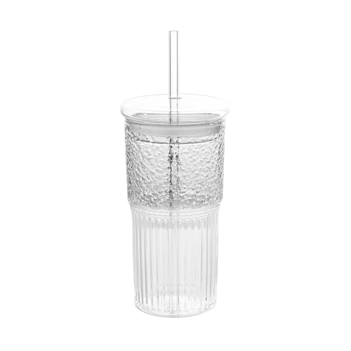 600Ml Glass Cup Milk Coffee Cup with Lid and Straw Transparent Stripe Water Cup Mug Drinking Glasses Juice Tea Cup