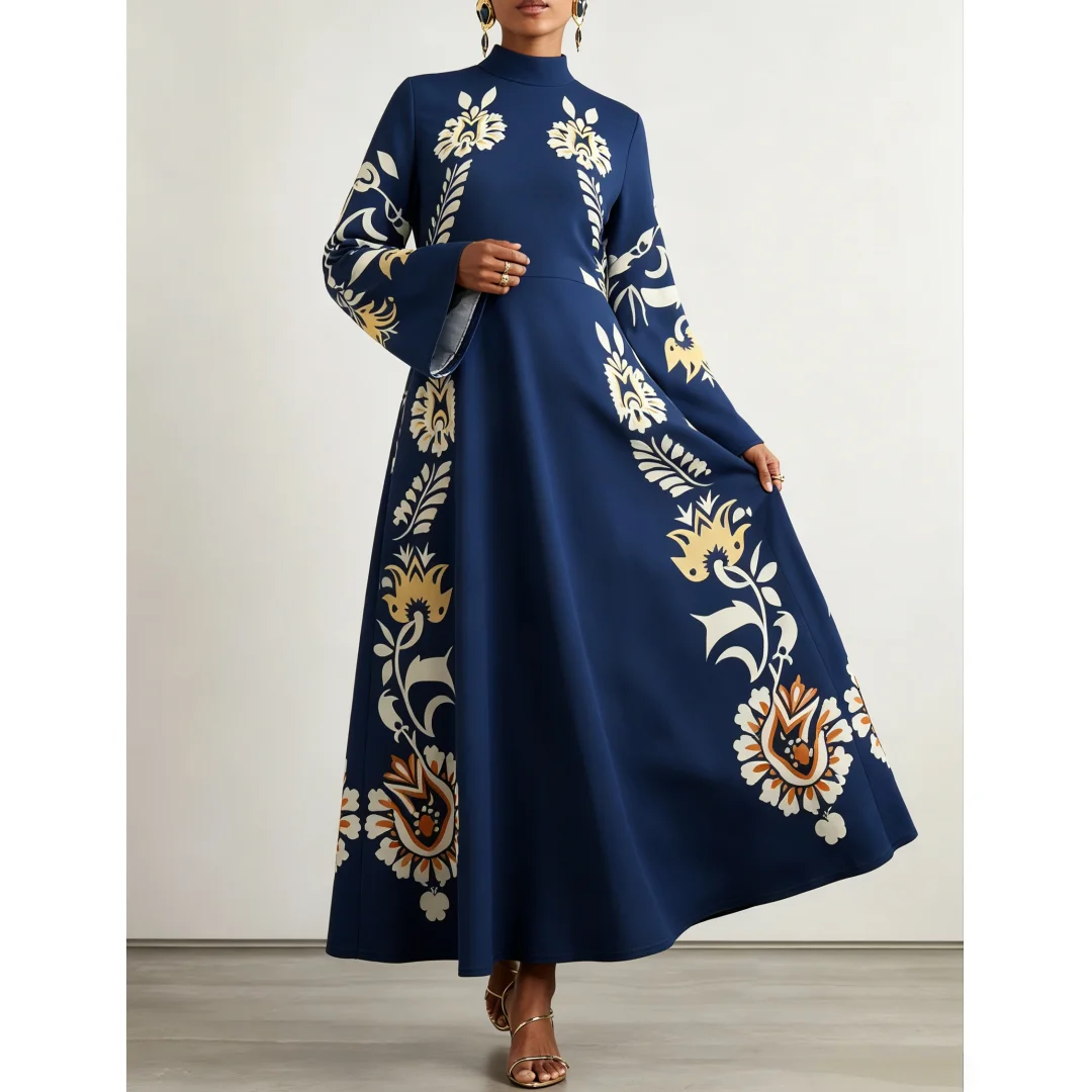 Elegantes Damen-Maxikleid mit Vintage-Blumendruck, hohem Kragen, ausgestellten langen Ärmeln, Herbst 2026, schlichtes, lockeres A-Linien-Partykleid. – Detail 5