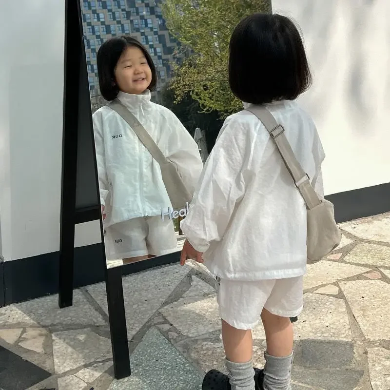 Korean Boy Girl White Clothing Set 2024 kid Summer Fashion Sunscreen Lightweight Long Sleeved Zippered Jacket + Shorts 2pcs Suit