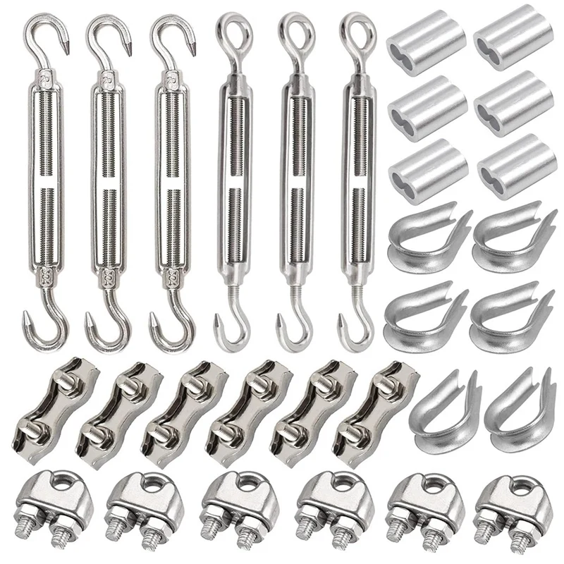 M5 Wire Tensioner Set With Turnbuckle Wire Rope Clamp Thimbles Press Clamp For Tightening