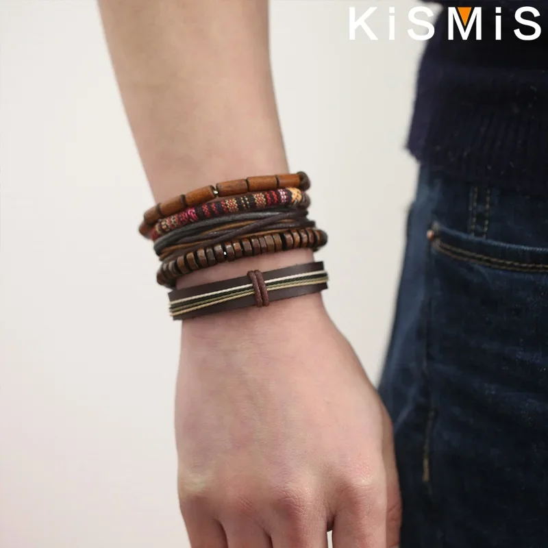 KISMIS 1Set Multilayer Hand Braided Bracelet Men Women Flax Rope Wood Beads Ethnic Style Bracelet Leather Wristband 5Pcs/Set