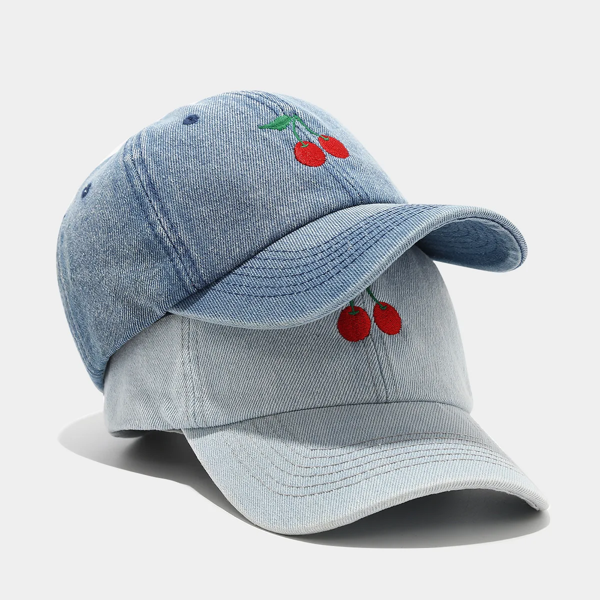 Denim Embroidered Cherry Baseball Caps for Women Trendy Spring Outdoor Casual Sun Hat Baseball Cap