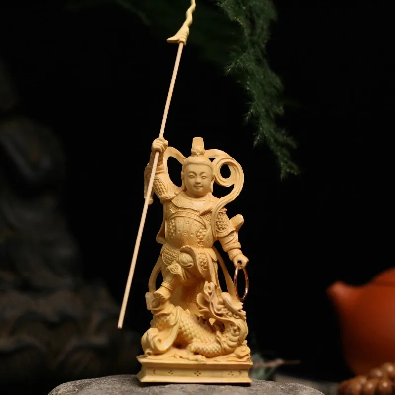 

Hand Carved Boxwood Wooden Q-Version Nezha Statue Figurine - Cartoon Character Ornament Home Office Desk Decor Gift Collectible