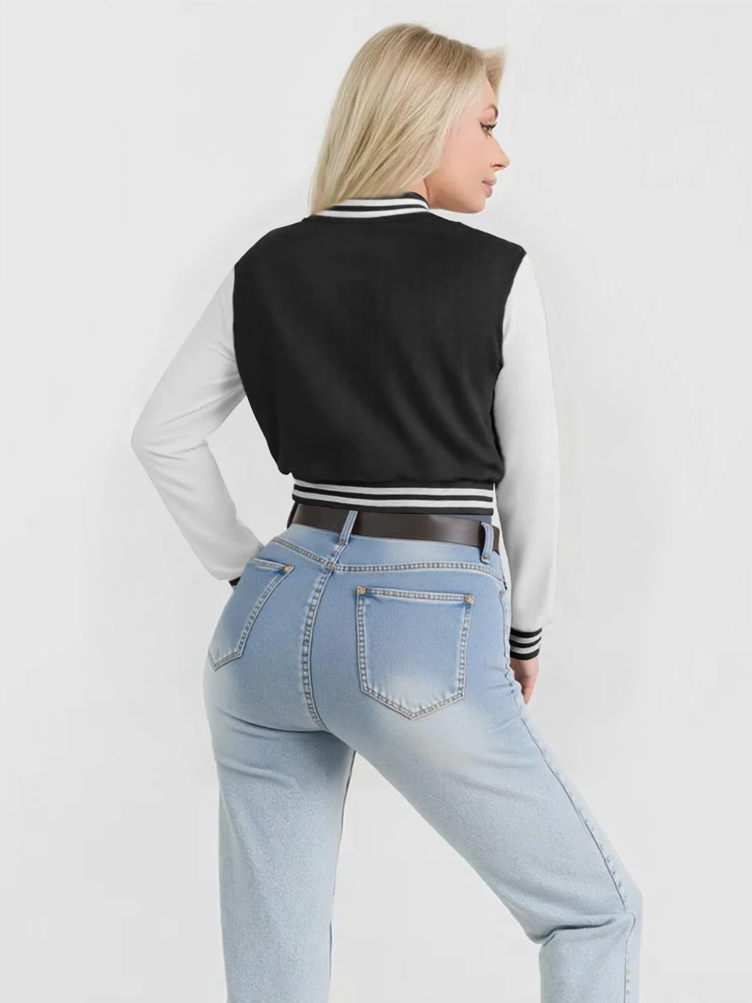 Vintage College Women Cropped Baseball Jacket Contrast Splice Long Sleeve Striped Cuff Single Breasted Street Crop Outerwear