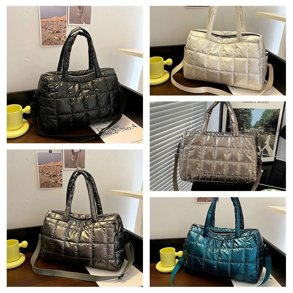 حقيبة كتف قطنية ذات مساحة لامعة على الطراز الكوري، حقيبة كتف ذات سعة كبيرة، حقيبة كروس سحابية خفيفة الوزن من النايلون للفتيات